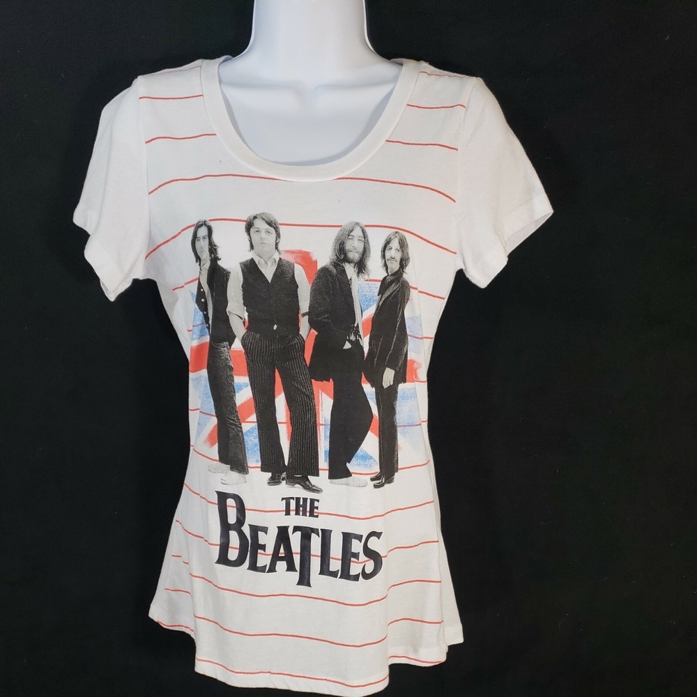 The Beatles Apple Corp. T Shirt Women's 2012 White Orange Red Stripes Large